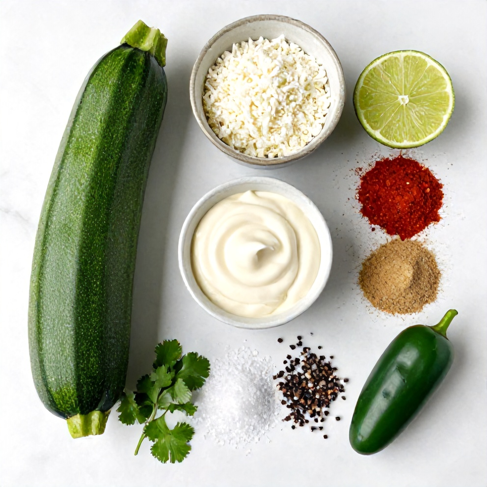 Raw ingredients for Mexican Street Corn Zucchini on a marble surface