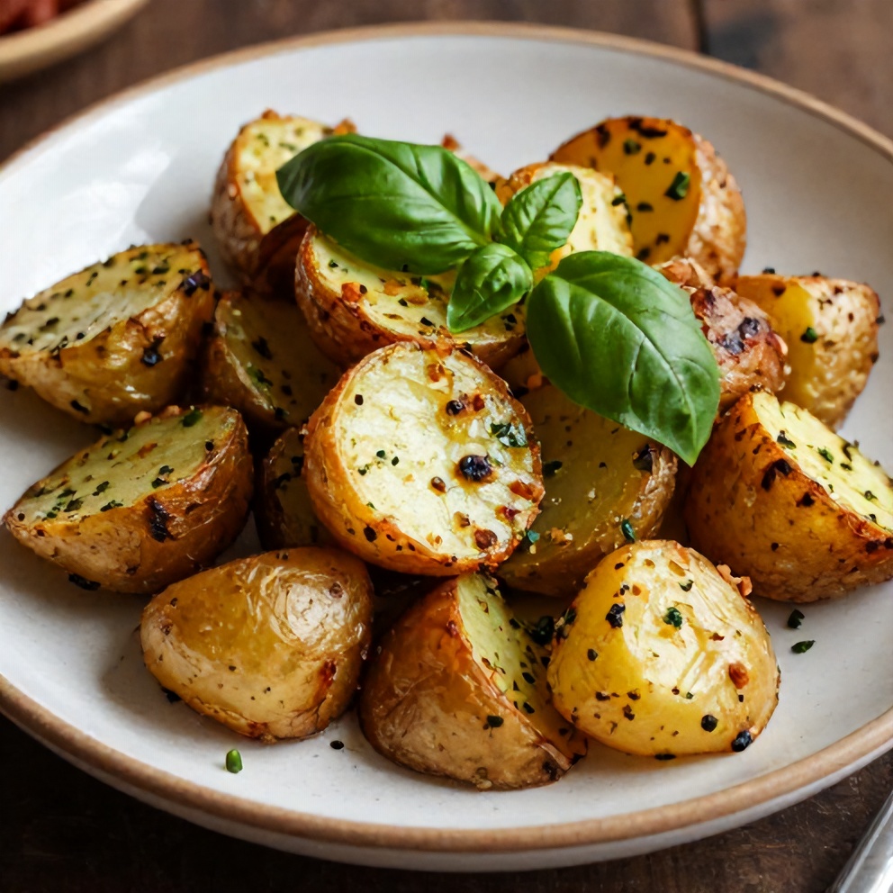 One perfect plated serving of Crispy Parmesan Pesto Roasted Potatoes on a rustic plate, garnished with fresh basil