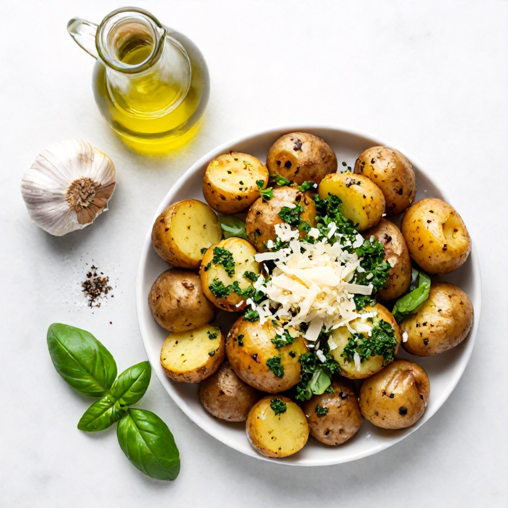 Overhead flat lay of potatoes, garlic, olive oil, salt, pepper, Parmesan cheese, and fresh basil for Pesto Roasted Potatoes