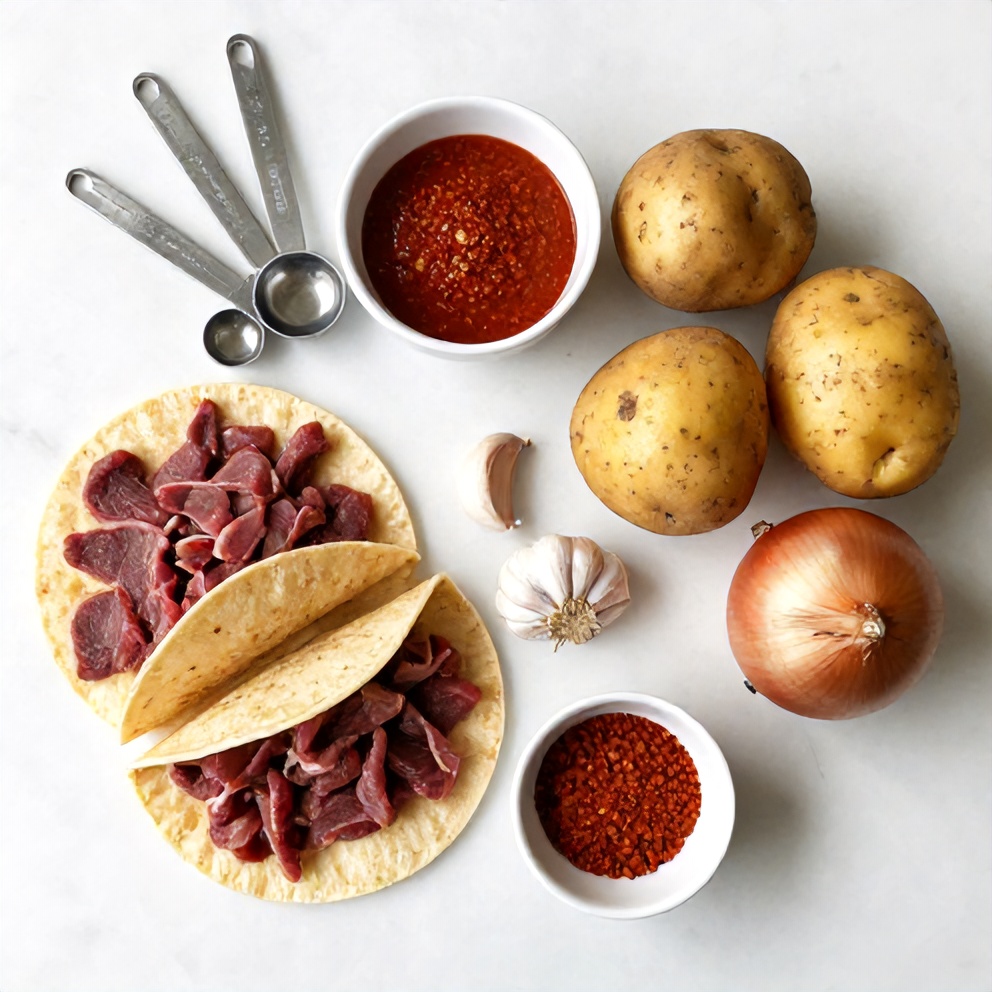 Raw ingredients for Pot Birria Tacos including beef, potatoes, onions, and spices