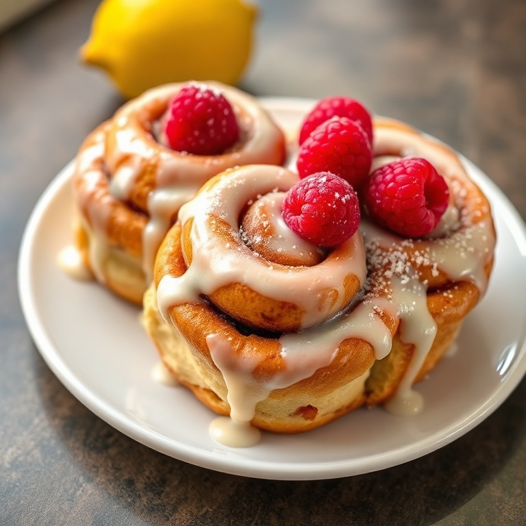 Perfectly plated Raspberry Cinnamon Rolls with lemon glaze. Warm side lighting highlights crispy texture and glossy finish.