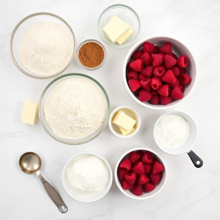 All raw ingredients for Raspberry Cinnamon Rolls. Flour, butter, sugar, cinnamon, and fresh raspberries arranged in a flat lay.