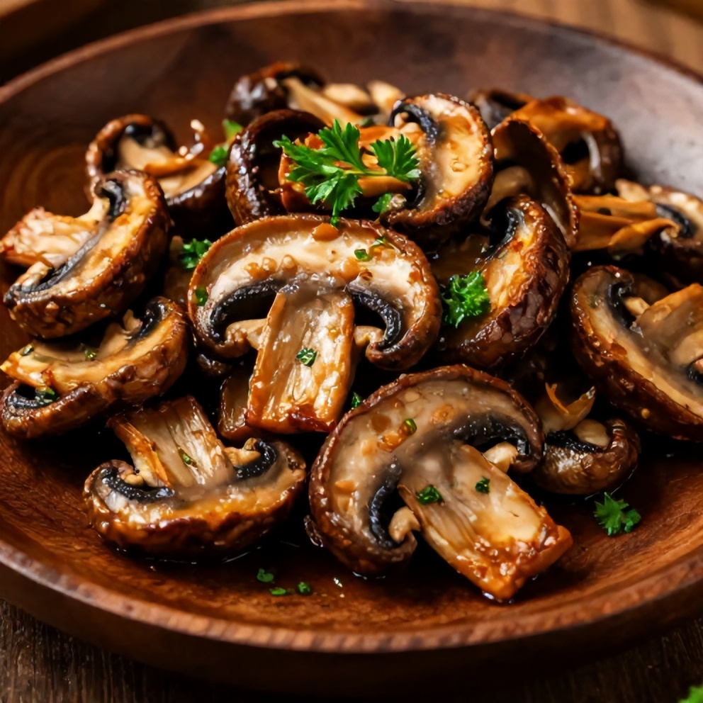 One perfect plated serving of crispy sautéed mushrooms on a dark wooden plate, garnished with fresh parsley, warm side lighting
