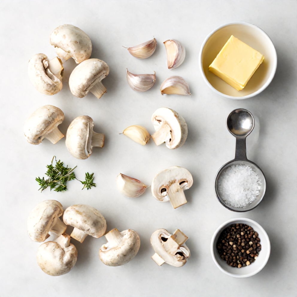 Raw mushrooms, garlic, butter, herbs, salt, and pepper arranged in an overhead flat lay on a white marble surface, bright even light