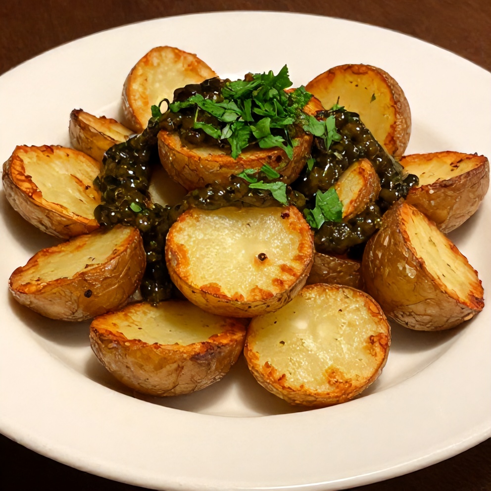 Plated serving of crispy smashed potatoes with olive tapenade