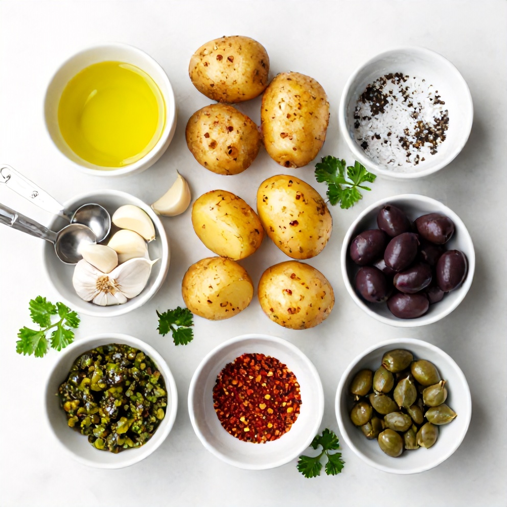 Raw ingredients for crispy smashed potatoes with olive tapenade