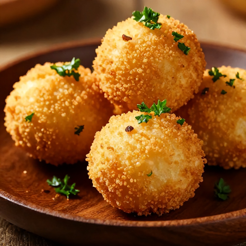 Close-up of a crispy hushpuppy on a plate