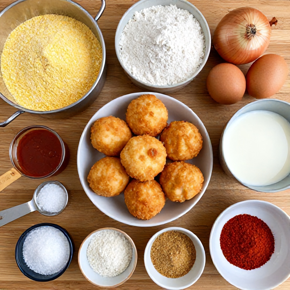 Raw ingredients for Crispy Southern Hushpuppies arranged on a wooden surface