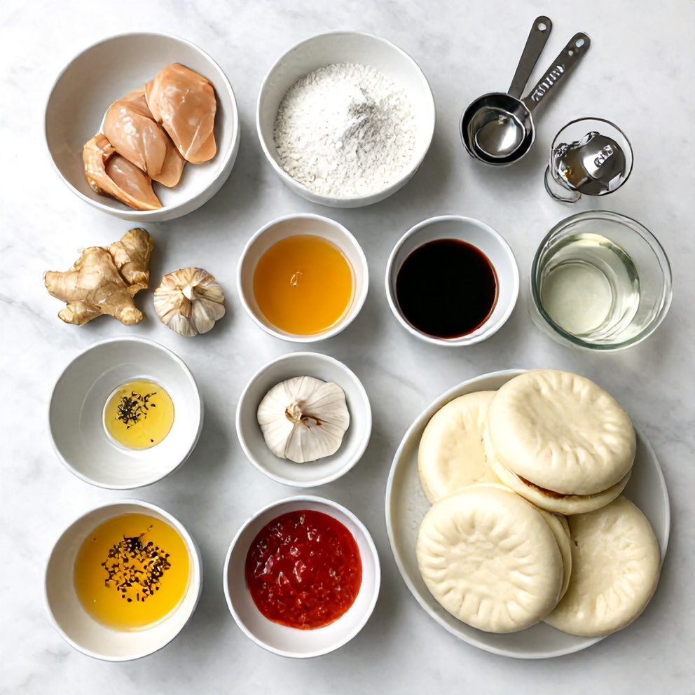 Raw ingredients for Crispy Sticky Chicken Bao Buns on a marble counter