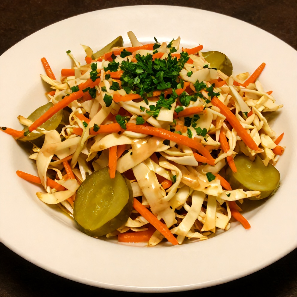 Plated Sweet and Spicy Pickle Slaw with a fork
