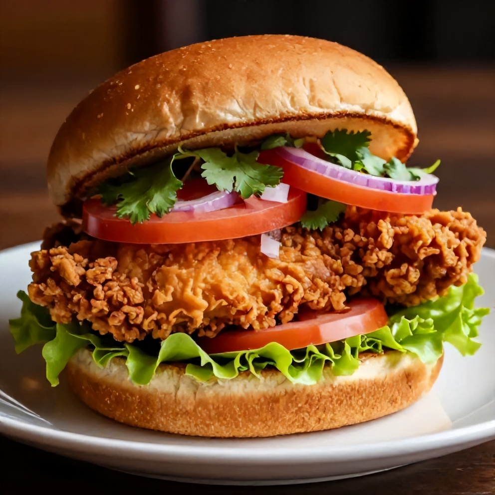 Thai Fried Chicken Sandwich on a plate with garnish
