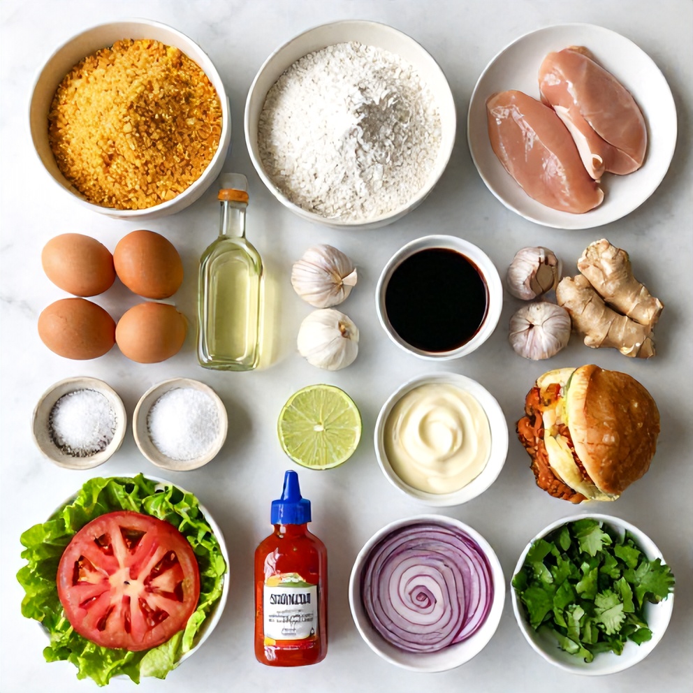 Thai Fried Chicken Sandwich ingredients on a marble counter
