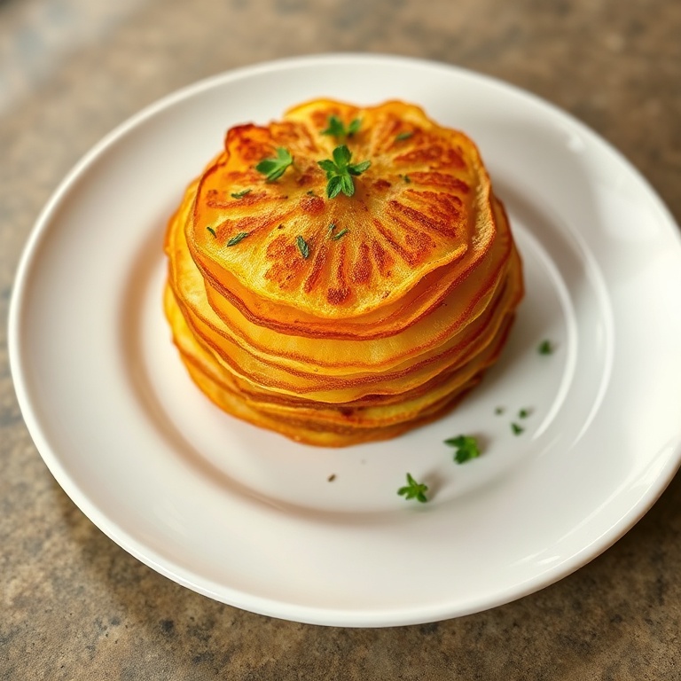 Single serving of crispy thousand layer potatoes garnished with fresh thyme on a white plate