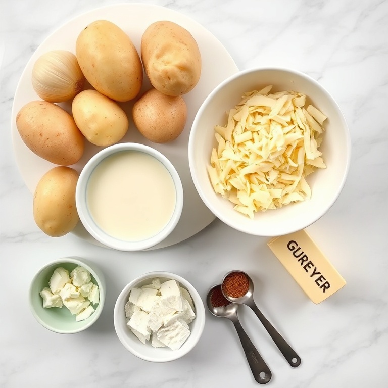 Overhead flat lay of raw potatoes, butter, cream, garlic, and cheese with measuring spoons and prep bowls on white marble
