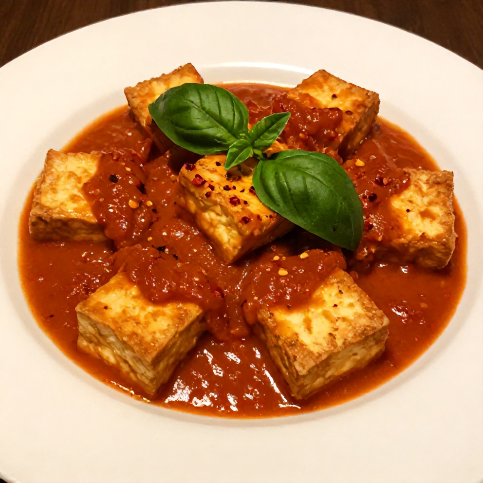 Plated crispy tofu in creamy sun-dried tomato sauce