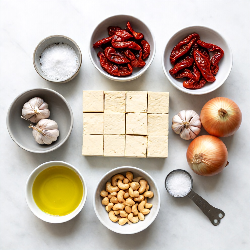 Raw ingredients for crispy tofu sun-dried tomato sauce
