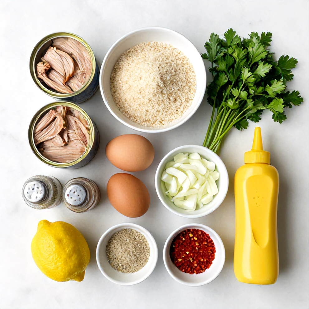Raw ingredients for crispy tuna patties including canned tuna, breadcrumbs, eggs, and seasonings
