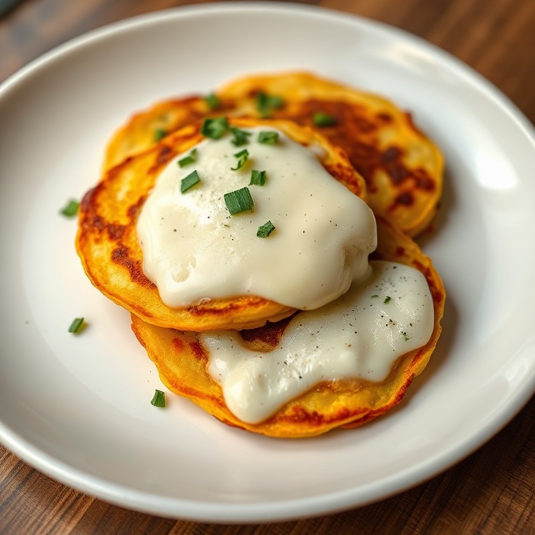 Crispy Venezuelan corn pancakes with melty mozzarella cheese on a white plate. Garnished with fresh herbs. Warm side lighting highlights texture.