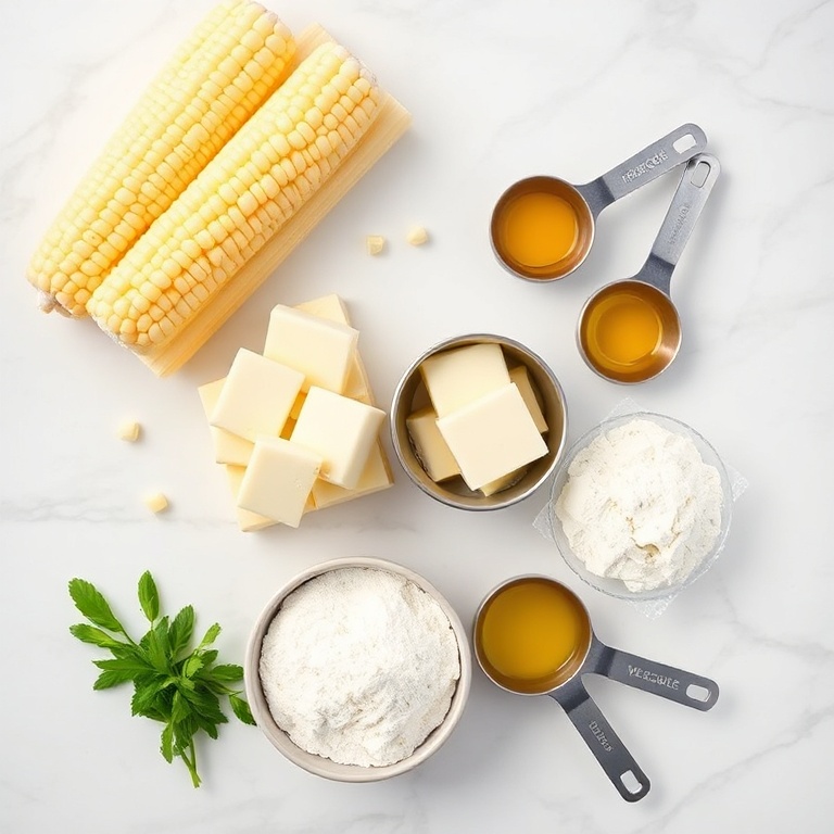 Raw ingredients for crispy Venezuelan corn pancakes: fresh corn, mozzarella cheese, flour, eggs, and oil. Measuring cups and spoons on a white marble surface.