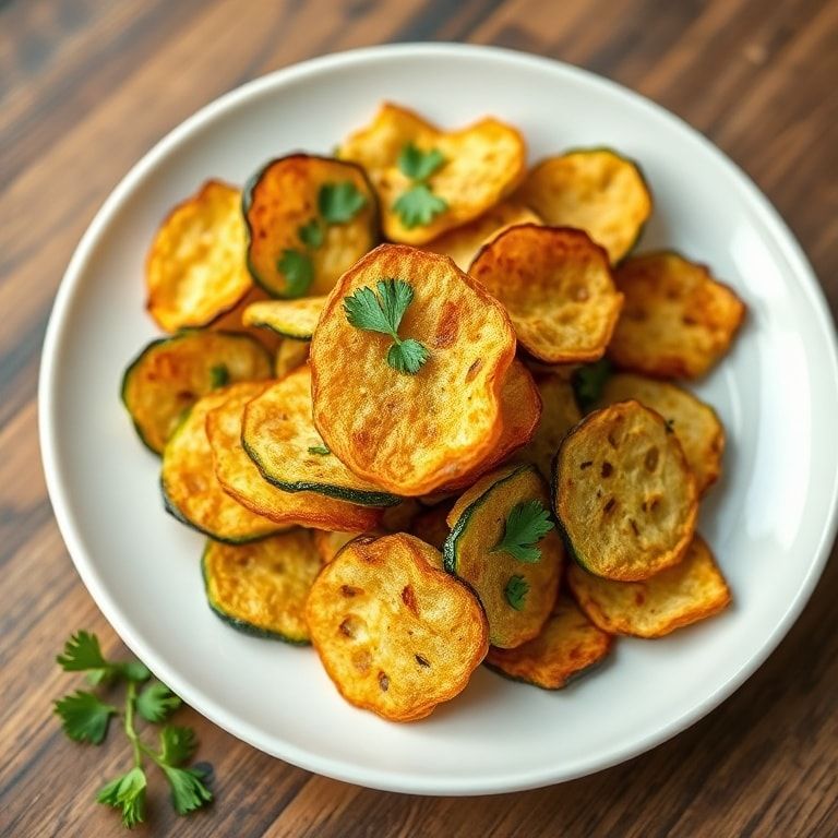 Single serving of crispy zucchini chips garnished with fresh parsley on a white plate with warm light highlighting the texture