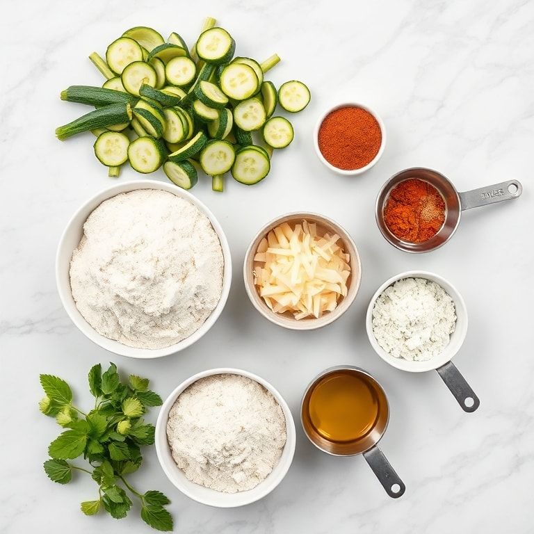 Raw zucchini sliced thinly with flour, olive oil, salt, pepper, and parmesan cheese in small prep bowls on white marble surface