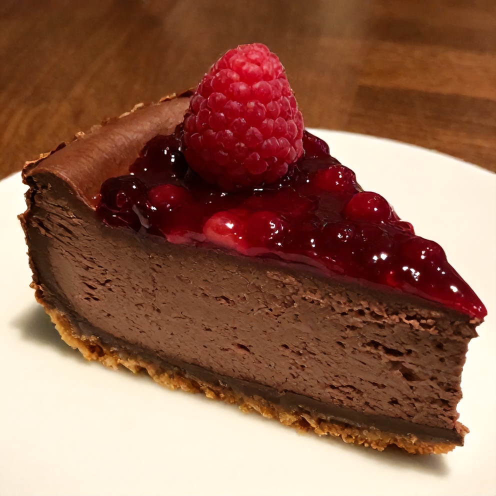 A slice of dark chocolate raspberry cheesecake with a raspberry on top