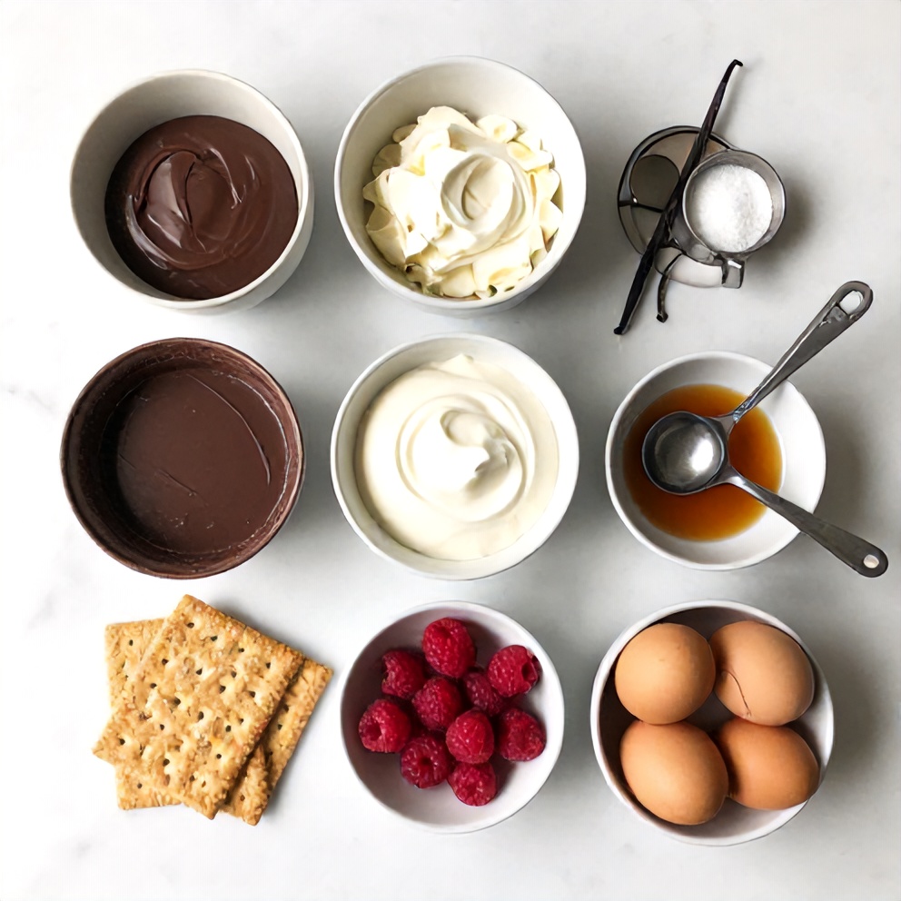 Ingredients for dark chocolate raspberry cheesecake on a marble surface