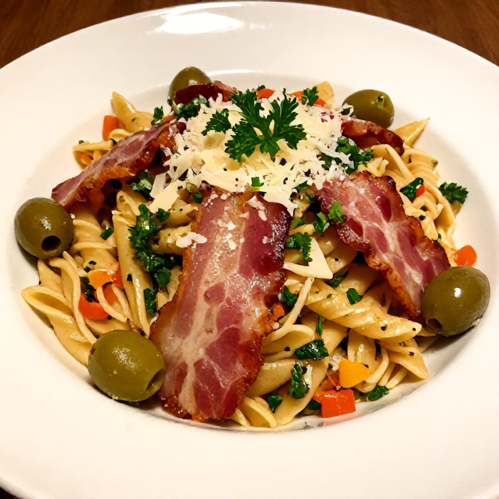 Plated Dirty Martini Pasta Salad with crispy bacon, tangy olives, and colorful veggies
