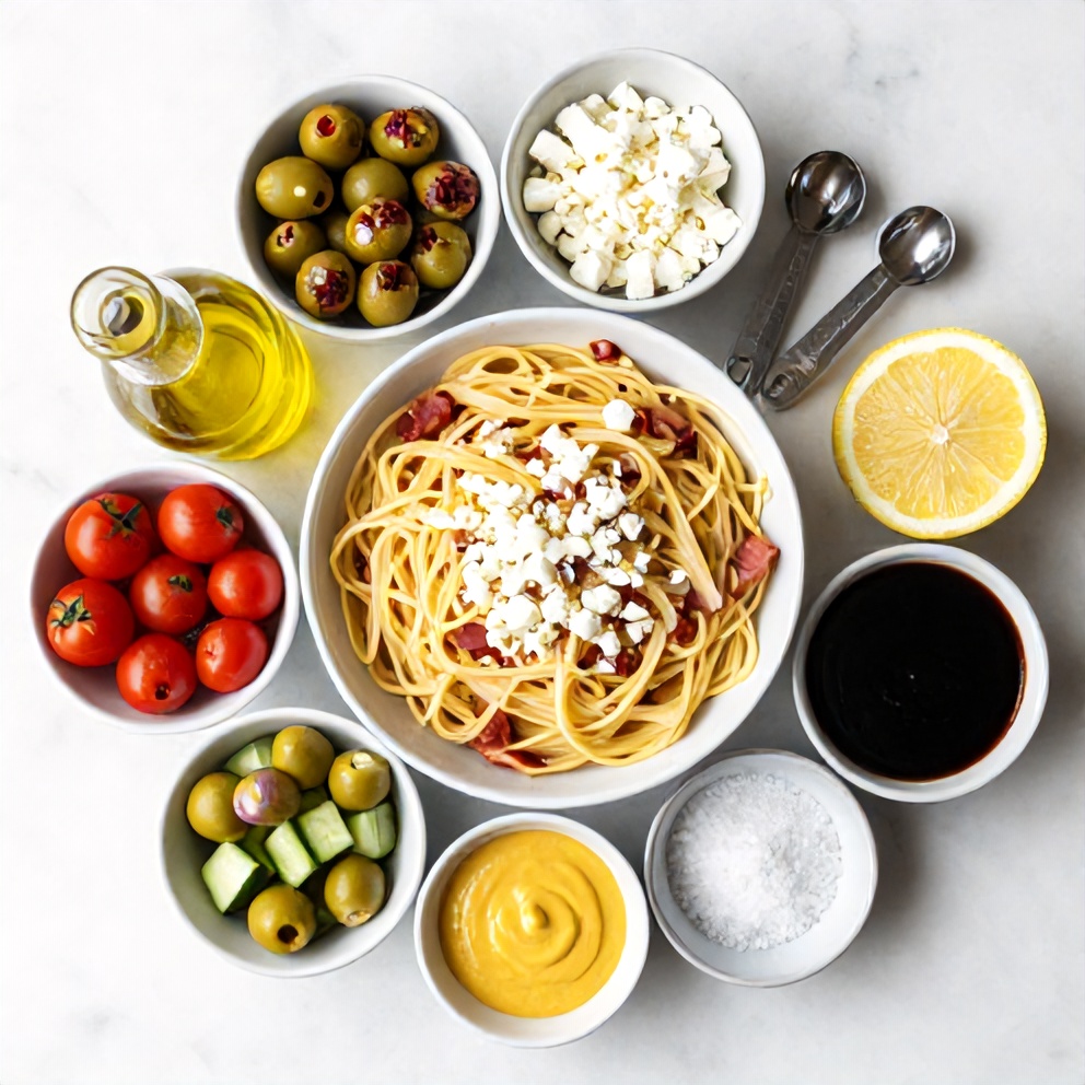 Dirty Martini Pasta Salad ingredients: pasta, bacon, olives, cherry tomatoes, cucumber, red onion, feta, and dressing