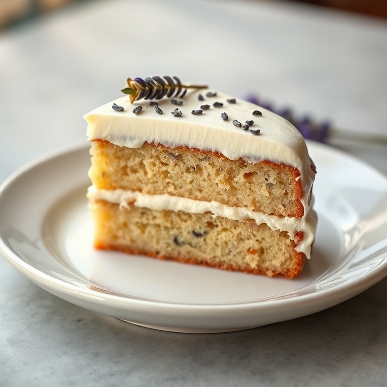 Single serving of Earl Grey Lavender Cake slice garnished with dried lavender on a white ceramic plate with golden frosting visible