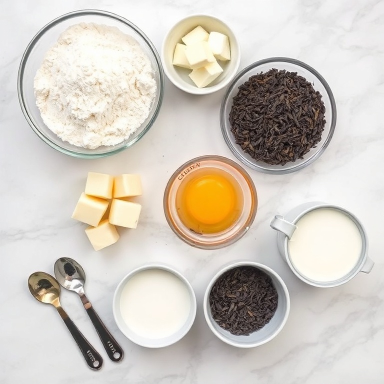 Overhead shot of raw ingredients including flour, eggs, Earl Grey tea, lavender buds, cream cheese, and sugar arranged neatly