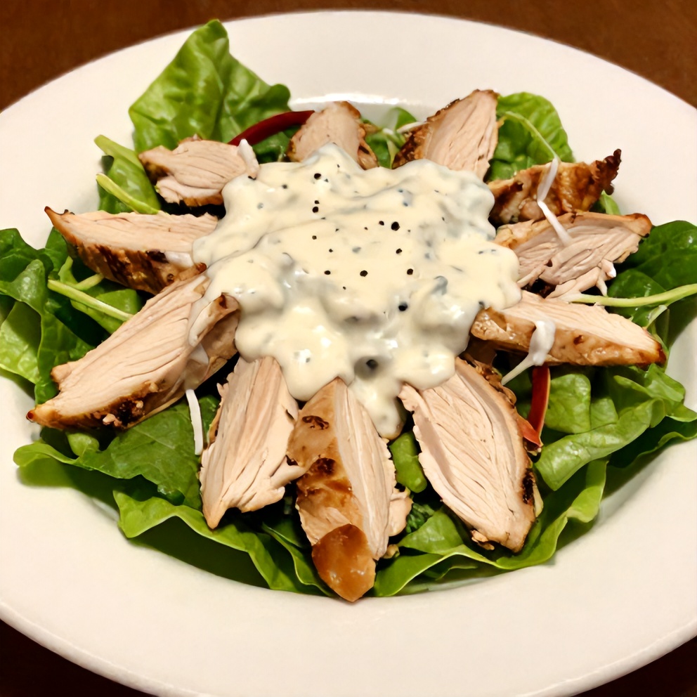 Buffalo chicken salad plated with ranch dressing