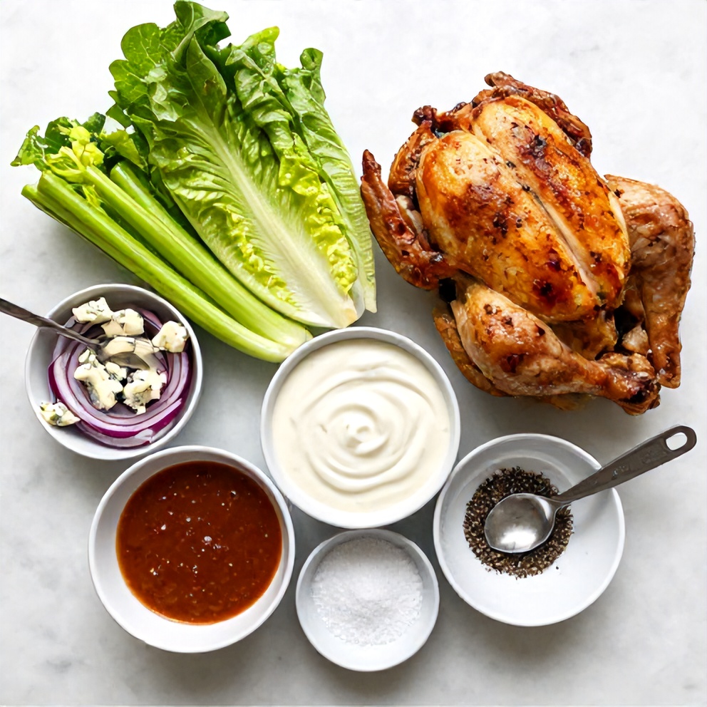 Buffalo chicken salad ingredients on a marble surface