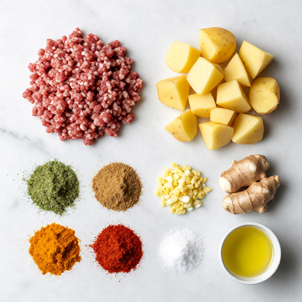 Aloo Keema Ingredients Overhead Flat Lay