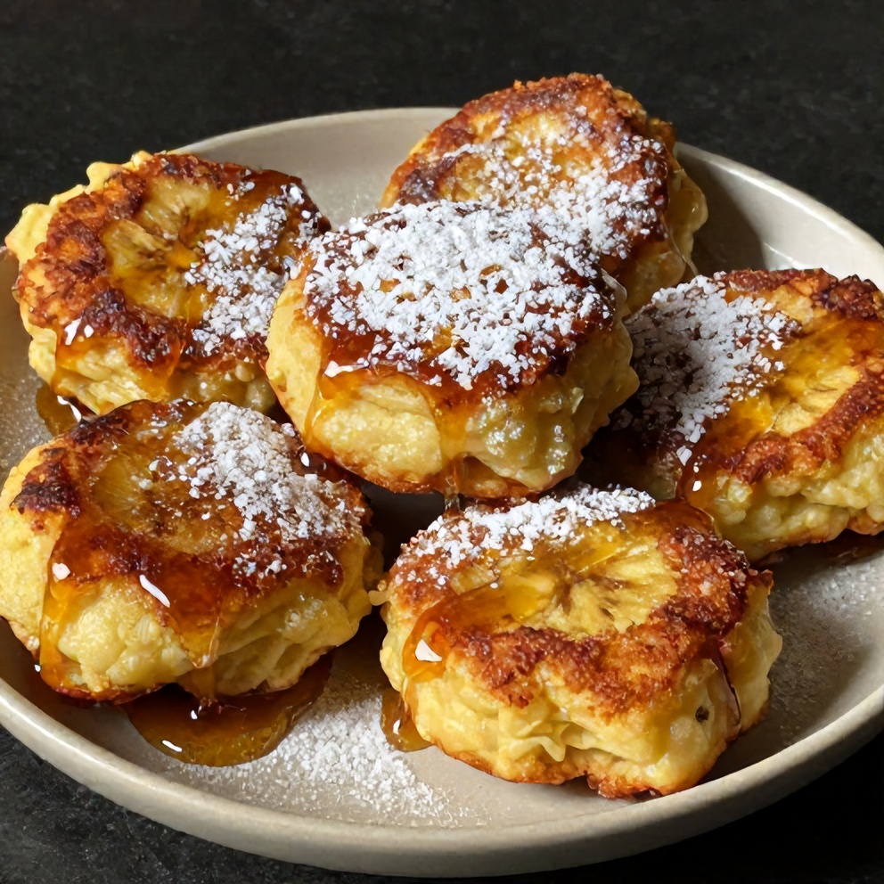 Plated serving of baked cinnamon banana fritters with honey drizzle