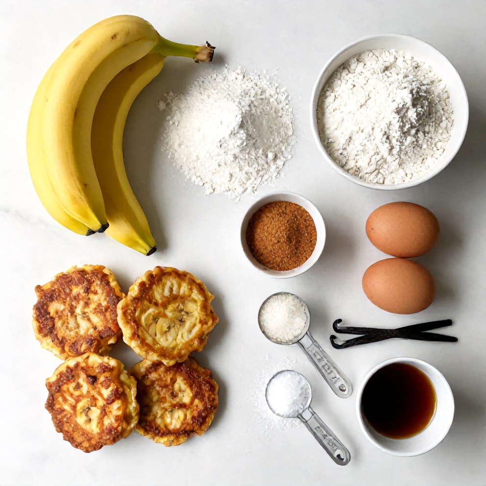 Overhead shot of ripe bananas, flour, cinnamon, sugar, and eggs for banana fritters