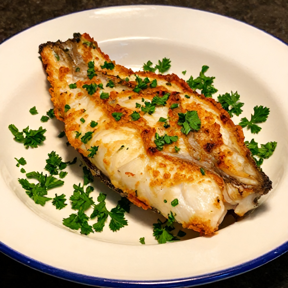 Plated Easy Baked Halibut with lemon wedge