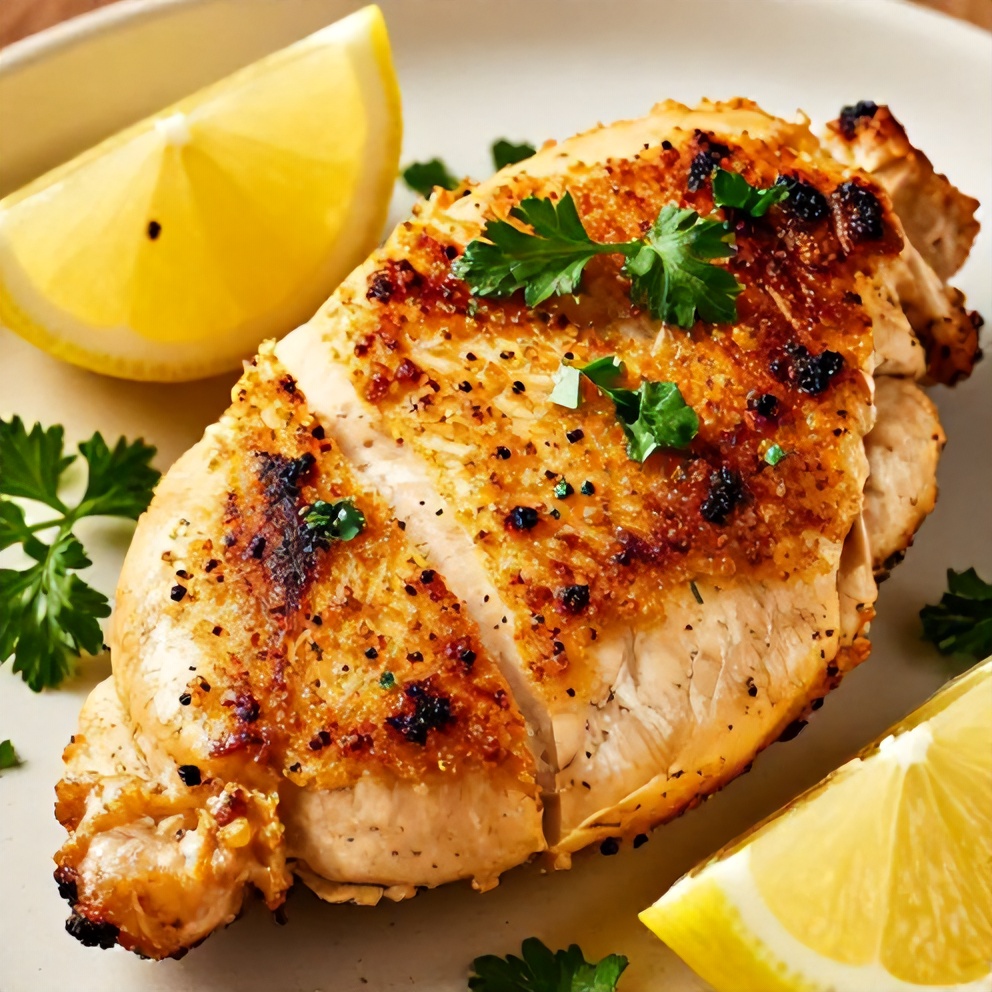 Plated lemon pepper chicken breast with lemon slices and fresh herbs