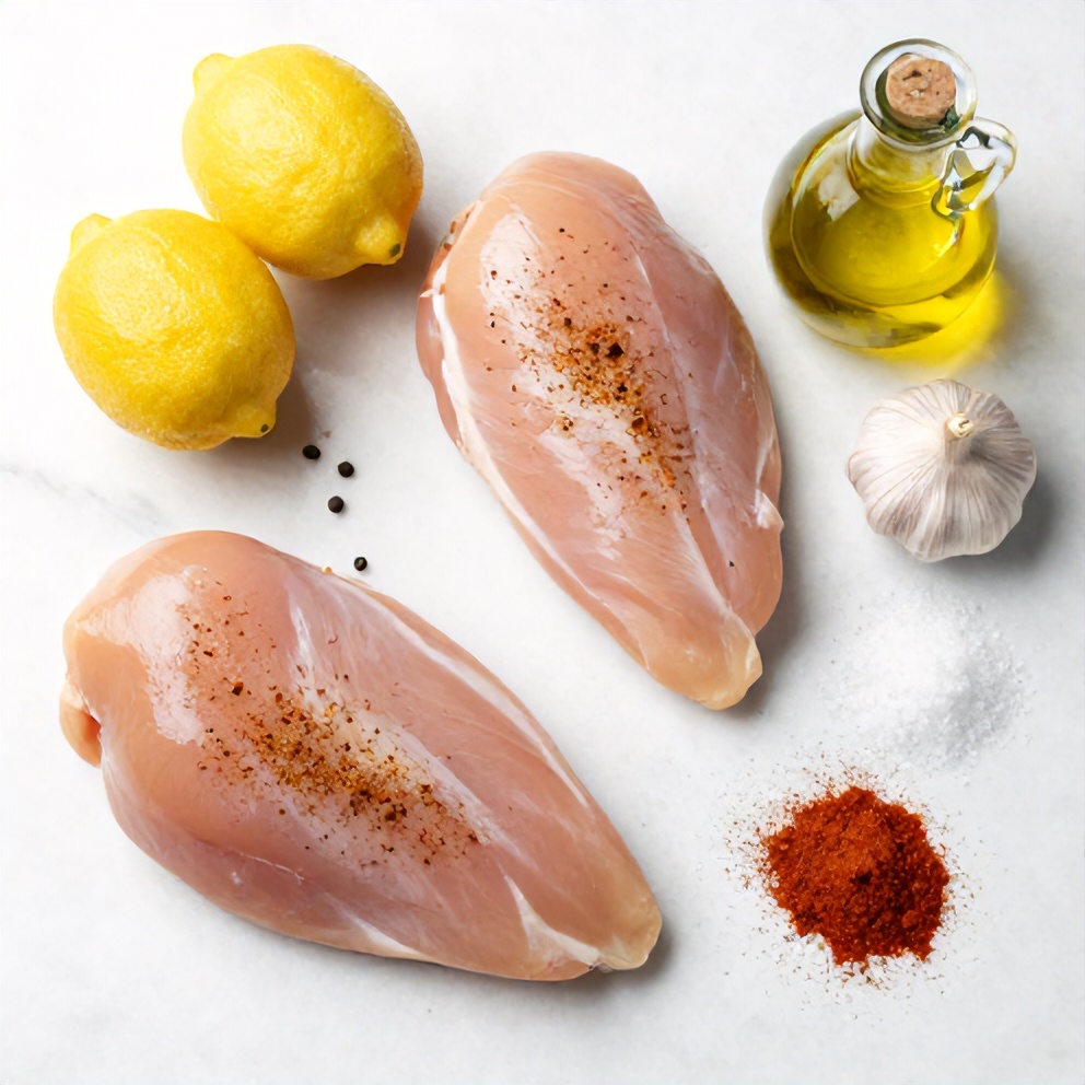 Raw ingredients for lemon pepper chicken breasts arranged on a marble surface