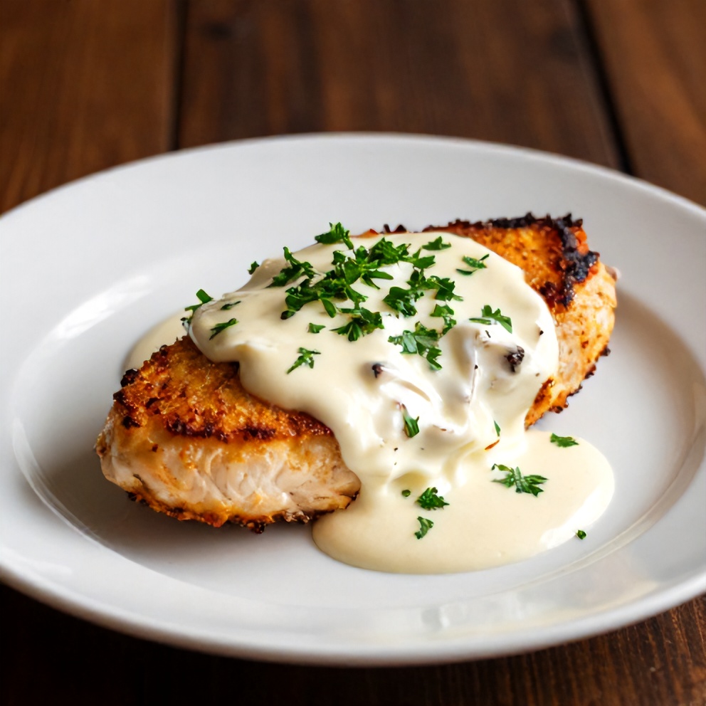 Plated baked sour cream and onion chicken with crispy skin and creamy sauce