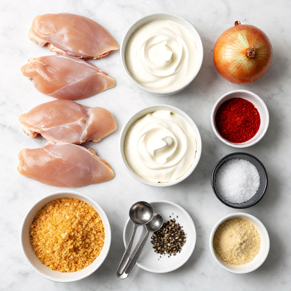 Raw ingredients for baked sour cream and onion chicken: chicken breasts, sour cream, onion, garlic, breadcrumbs, etc.