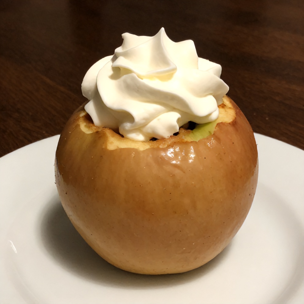 Plated baked stuffed apple with whipped cream
