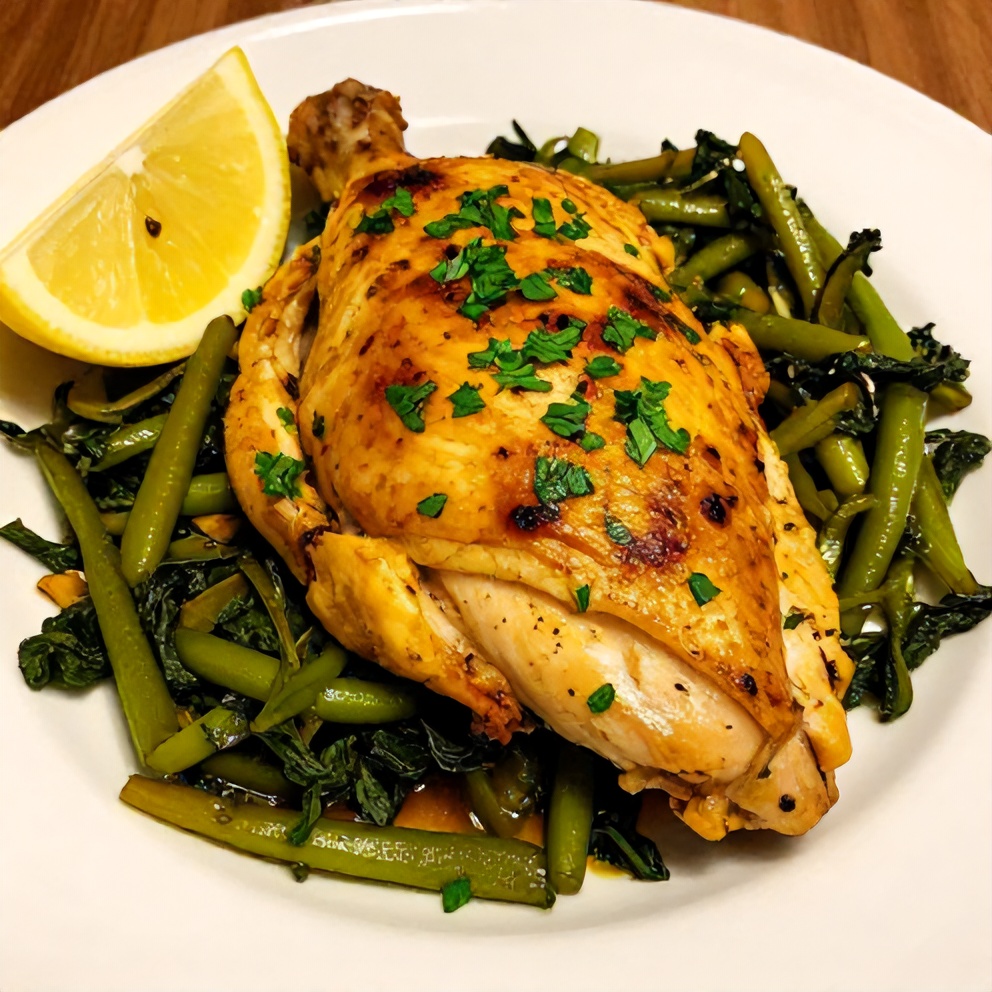 Plated serving of easy baked turmeric chicken with spring vegetables