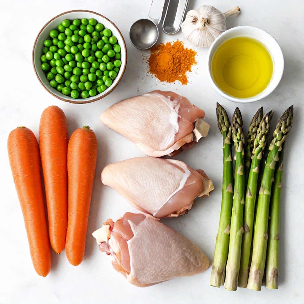 Raw ingredients for easy baked turmeric chicken with spring vegetables