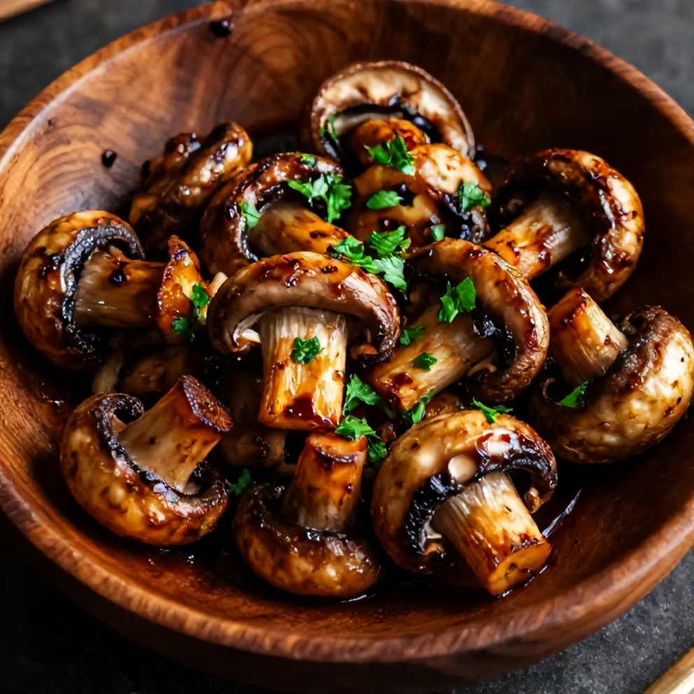 Plated Balsamic Roasted Garlic Mushrooms