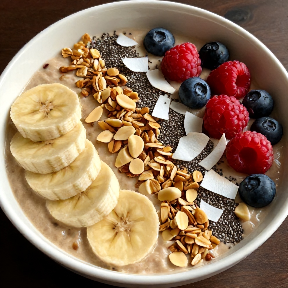 Banana Peanut Butter Oat Smoothie Bowl topped with granola