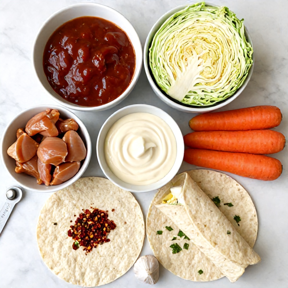 Raw chicken, barbecue sauce, cabbage, carrots, mayo, vinegar, garlic, wrap tortillas, chili flakes, cilantro
