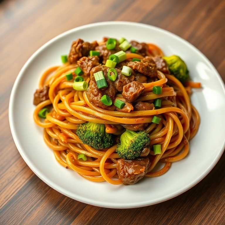 Plated easy beef and broccoli lo mein garnished with chopped green onions on a white dish