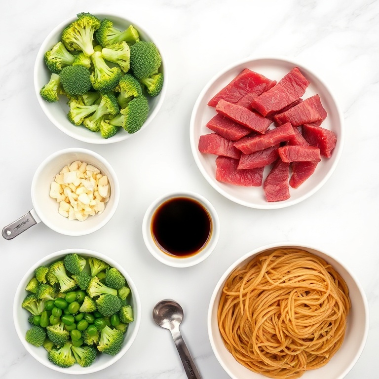 Overhead view of raw beef, broccoli florets, lo mein noodles, sliced garlic, and soy sauce in bowls