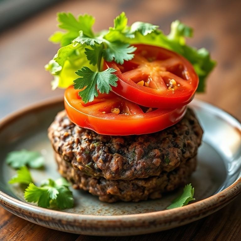 Plated black bean burger topped with lettuce and tomato on a rustic ceramic plate with warm side lighting
